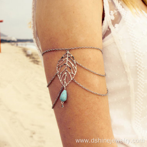 Silver Metal Leaf Turquoise Bead Pendant Upper Arm Bracelet